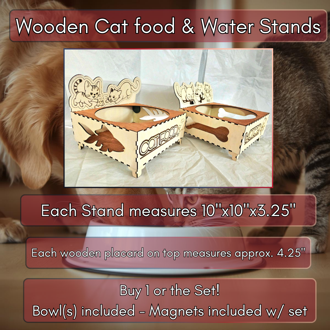 Raised wooden cat food and water bowl stands with engraved cat design